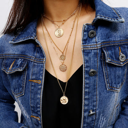 European and American cross-border jewelry, multi-layered multi-layer round street shooting elements, women, retro queen, avatar, creative necklace